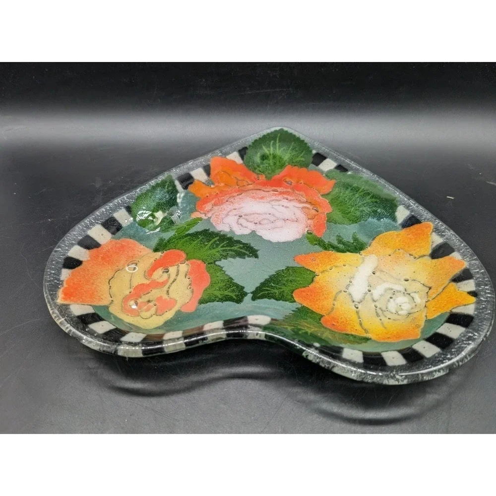 Peggy Carr Heart Shaped Dish Fused Glass Rose Floral Checkered Border Flower 9